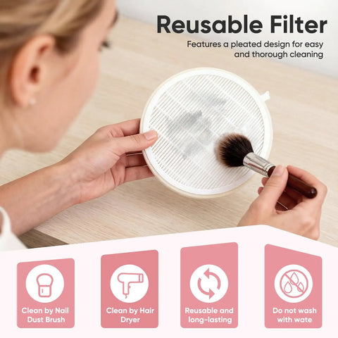 Person cleaning 5 Pack Nail Dust Collector Filters For Melody Susie Dust Collector SPro XC320J Keeps Your Nail Station Clean And Dust Free Captures 99 Percent Of Nail Dust Reusable And Easy To Clean Pro Grade H12 Filtration For Safer Cleaner Salon No Cap with brush.