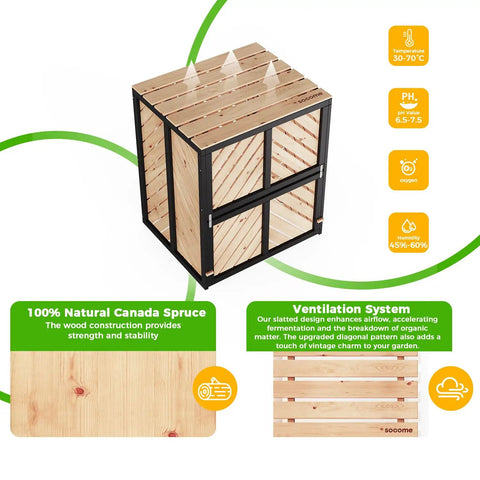 Beefy 115 Gallon Solid Wood Compost Bin With Pull Out Door And Flip Top Lid For Outdoor Backyard Garden And Patio Use Built From Canada Spruce For Stable Temperature And Easy All Year Round Composting