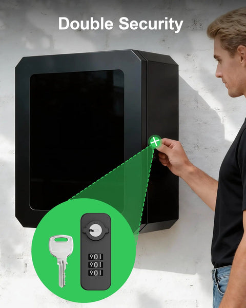 Lock Down Your EV Charger Setup With This Built Like A Tank Outdoor Enclosure To Block Tampering And Weather Damage For Level Two Charging Stations In Driveways Or Garages Featuring Heavy Duty Metal Guard, showing key and keypad for double security.
