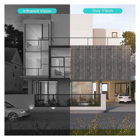 Built Different 4K 8MP IP Security Camera With Smart Human Detection And Color Night Vision H265 Codec Engineered For Heavy Duty Indoor Outdoor Surveillance showing infrared and day vision of a house.