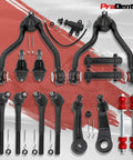 Road Ready 15 Piece Front End Suspension Kit With Plush Polyurethane Bushings And Stamped Steel Control Arms Including Lower Ball Joints For 1995 To 1999 Chevy GMC Tahoe Yukon with detailed components view.