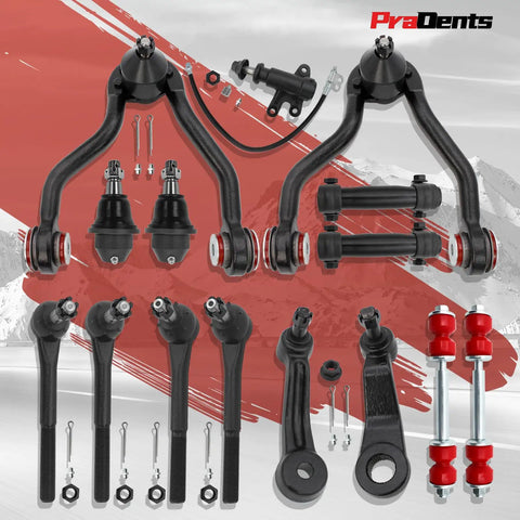Road Ready 15 Piece Front End Suspension Kit With Plush Polyurethane Bushings And Stamped Steel Control Arms Including Lower Ball Joints For 1995 To 1999 Chevy GMC Tahoe Yukon with detailed components view.