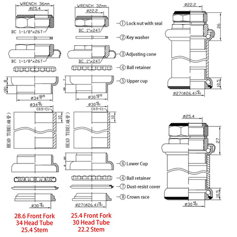 Technical diagram of External Cup Threaded Bike Headset For 25.4mm Steerer, 1 Inch Front Fork, Compatible with 30mm Head Tube and 22.2mm Stem