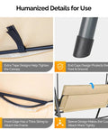 Detailed view of Outdoor Porch Swing With Adjustable Canopy And Heavy Duty Stand features, showcasing canopy tape, end caps, and cushion sleeve.