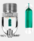 Bulletproof Quick Response Fire Sprinkler Head For Upright Plumbing Systems With Sweet Copper Chrome Plated Outer Shell And Rock Solid 199F Trigger Point In Standard Half Inch Thread Size close-up of sprinkler head, 1/2'' size with glass bulb.