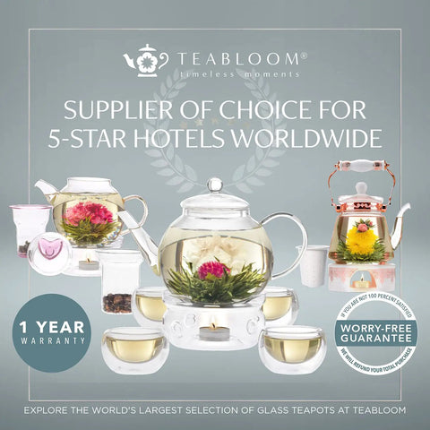 Collection of stovetop and microwave safe glass teapots with infusers, featuring blooming teas, for home brewing and purist enjoyment.