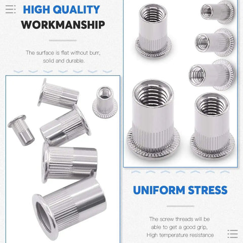 180Pcs Flat Head Rivet Nut Kit Stainless Steel Insert Rivnuts Set M3 To M10 With Storage Box Metric Threaded Rivnuts