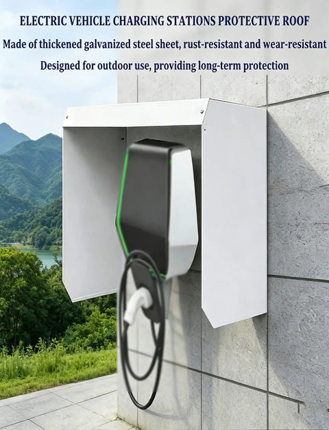 Universal EV Charger Cover Waterproof Rain Shield Galvanized Steel Outdoor Protector For Electric Vehicle Stations mounted on wall.
