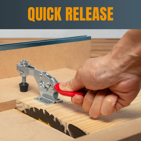 POWERTEC 2-pack toggle clamp with red handle, installed on wooden jig securing workpiece.