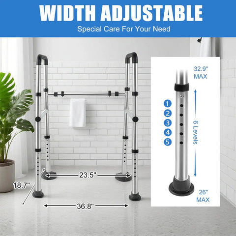 Built Tough Adjustable Toilet Safety Rails For Elders And Heavy Duty Bathroom Grab Bars showing height adjustability and steel frame dimensions.