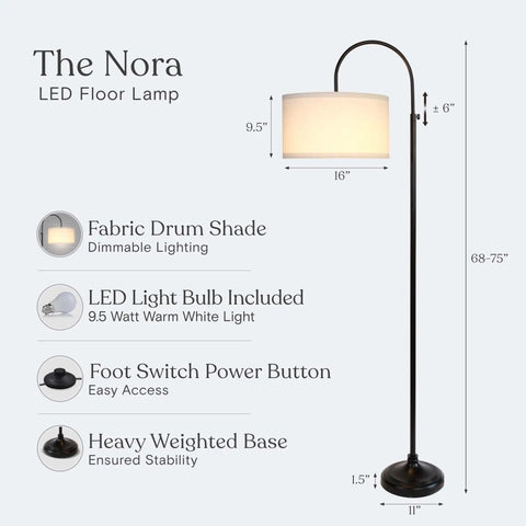 Nora Arc LED Tall Floor Lamp With Heavy Base, black tall lamp with 16-inch fabric shade, 68-75 inches height for living room and office.