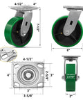 6 Inch Heavy Duty Casters Set Of Four With Grease Fitting, 4800 Lbs Load Capacity, polyurethane wheels on galvanized steel