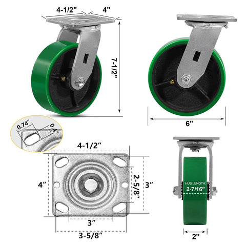 6 Inch Heavy Duty Casters Set Of Four With Grease Fitting, 4800 Lbs Load Capacity, polyurethane wheels on galvanized steel