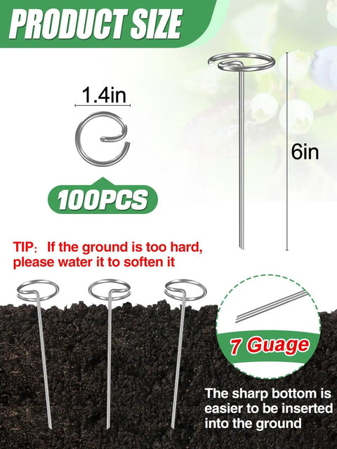 Heavy Duty 7 Gauge Thickened Garden Fabric Stakes 6 Inch Galvanized Landscape Staples with circle top ground pins diagram