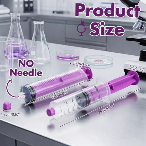 8 Piece 60ML External Spiral Syringe Set With Purple Plunger And Sealing Screw Cap For Pet Feeding Lab Use And Liquid Dispensing, size comparison