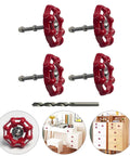 4 Pack Vintage Iron Valve Cabinet Knobs And Pulls With Drill Bit, unique disc-shaped handles in red, displayed with furniture
