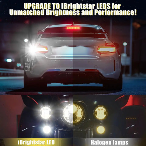 Comparison of Premium 3157 Led Light Bulbs White Super Bright Tail Brake Reverse And Turn Signal upgrade vs halogen lamps.