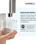 Top Shelf 5 Pack Reverse Osmosis Post Polish Inline GAC Water Filter For Fridge And Ice Makers with water dispensing into glass.