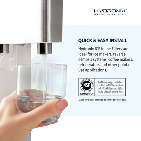 Top Shelf 5 Pack Reverse Osmosis Post Polish Inline GAC Water Filter For Fridge And Ice Makers with water dispensing into glass.