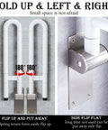 Built Tough Twenty Eight Inch Flip Up Toilet Grab Bar With Rock Solid Stainless Core And No Slip Abs Handle For Wall Mount Bathroom Setup Easy Secure Install For Seniors Or Post Surgery Recovery White, showing foldable design.
