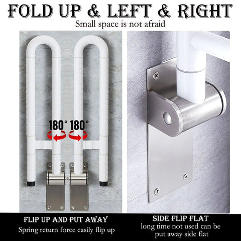 Built Tough Twenty Eight Inch Flip Up Toilet Grab Bar With Rock Solid Stainless Core And No Slip Abs Handle For Wall Mount Bathroom Setup Easy Secure Install For Seniors Or Post Surgery Recovery White, showing foldable design.