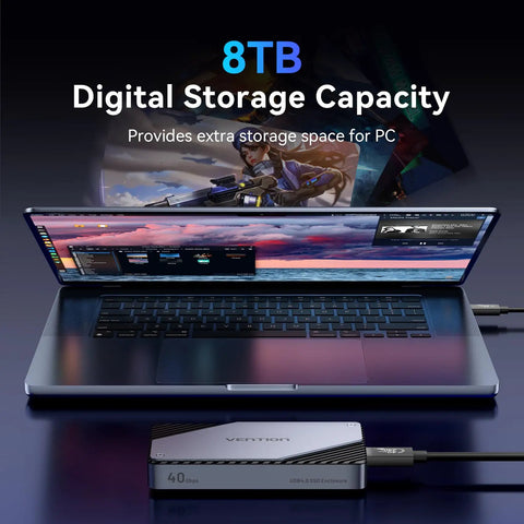 Blazing Fast M2 NVMe SSD Enclosure In Solid Aluminum Built In Cooling Fan For Thunderbolt And USB connected to a laptop.