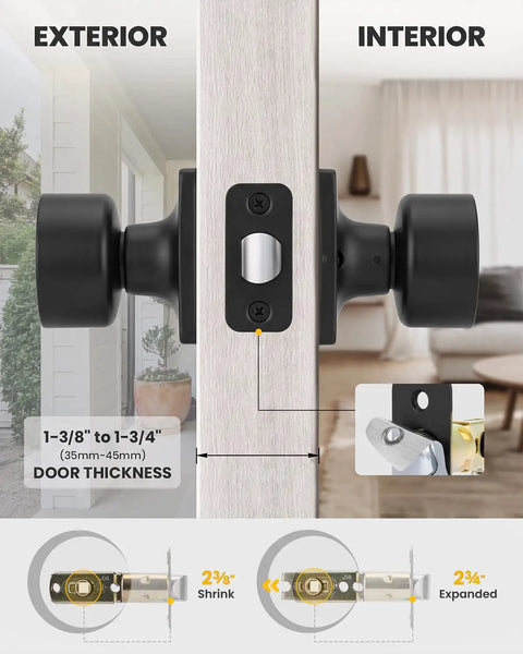 Solid Feel Black Interior Passage Door Knobs With Reversible Latch and Adjustable Fit Super Slick Finish Modern Hardware Set shown on door with dimensions.