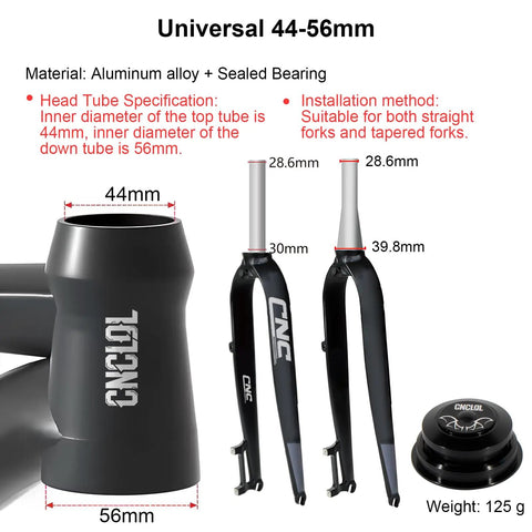 Precision Machined Aluminum Threadless Headset 1 1/8 Inch Tapered Steerer details, 44mm to 56mm specifications, suitable for MTB and BMX.