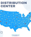 Map highlighting distribution center locations across the USA with state outlines and red markers for each site.