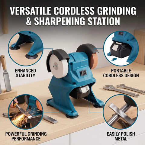 No Nonsense Cordless Mini Bench Grinder With Suction Cup Base And Mounting Holes 2.76 Inch Hole Polisher for precision sharpening on a workbench.