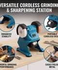 Badass Cordless Mini Bench Grinder Featuring Dual Grinding Wheels And A Rock Solid Suction Mount For Zero Vibration Sharpening And Precision Workshop Projects on a wooden workspace.