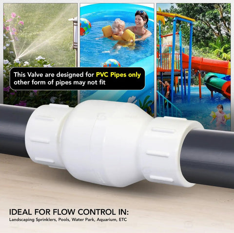 PVC Inline Check Valve For Backflow Prevention One And One Half Inch Solvent Connections White Plastic Stainless Steel Spring Loaded Not For Potable Water Cracking Pressure Point Five Psi 150 Psi Rating At Seventy Three Degrees Temperature Range Forty shown in landscaping and pool setup