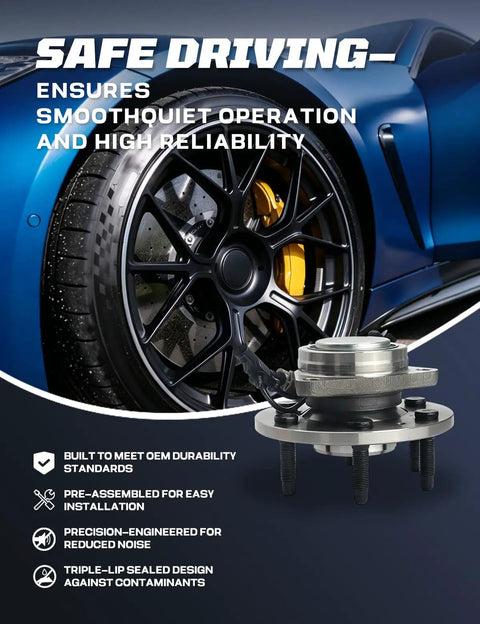 Front Wheel Bearing Hub Assembly Rwd Swap For Cadillac Escalade Escalade Esv Chevrolet Silverado 1500 Suburban 1500 Tahoe Gmc Sierra 1500 Yukon 07 To 14 Oem Replacement Direct Fit Heavy Duty Performance 515097 with detailed view showing assembly and wheel in background.
