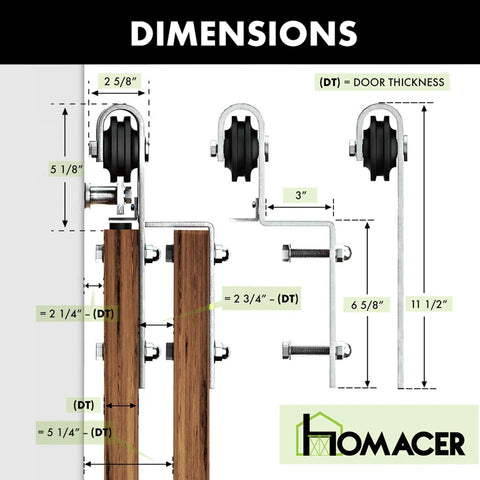 Brushed Nickel Single Track Bypass Sliding Barn Door Hardware Kit For Double Doors dimensions and specifications with measurements.