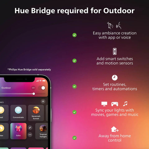 App interface for controlling Econic Square Outdoor Smart Wall Light Black With White And Color Ambiance with Hue Bridge details