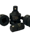 Badass Four Piece Impact Socket Adapter Reducer Set Lets You Convert Between Quarter Three Eighth And Half Inch Drives With Super Tough Drop Forged Chrome Moly Steel Built For Heavy Duty Use - set displayed on white background.
