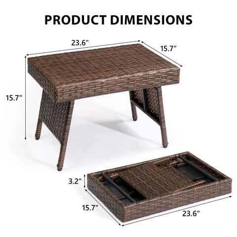 Portable Folding Wicker Table With Steel Frame For Outdoor Use dimensions displayed, both unfolded and folded views.