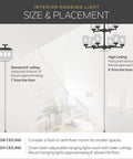 Interior hanging light size and placement guide showing low and high ceiling configurations for optimal fixture height.