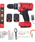 Rig Ready Dual Battery Cordless Drill Driver Kit With 25 Plus 1 Clutch Settings And 25 Newton Meter Torque, featuring two batteries, drill bits, and levels.