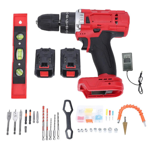 Rig Ready Dual Battery Cordless Drill Driver Kit With 25 Plus 1 Clutch Settings And 25 Newton Meter Torque, featuring two batteries, drill bits, and levels.