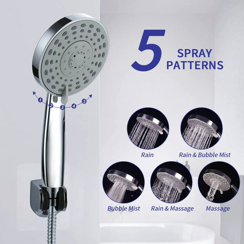 Rainfall Dual Shower Head Combo with 8-Inch Rain Head and 5-Function Handheld Spray showing 5 spray patterns display