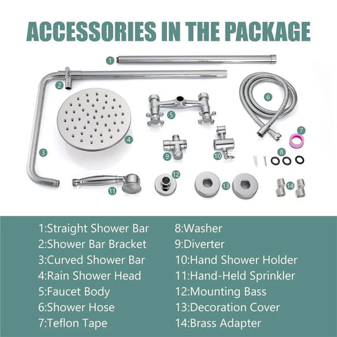 Accessories for Dual Function Exposed Pipe Shower System With 8 Inch Round Rainfall Head, Brass Fixture, Two Handles, and Chrome Finish