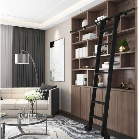 Living room with Retractable Sliding Barn Door Ladder Hardware Kit With Full Track Set Aluminum Alloy Ladder installed on bookshelf