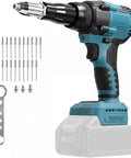 Badass Heavy Duty Cordless Pop Rivet Gun Workhorse With Smooth Pulling Action And Bright Led Light, Plays Nice With Makita 18V Batteries, includes aluminum rivets and wrench for easy use.