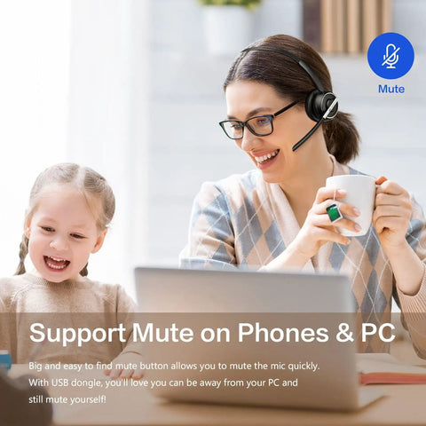 Woman wearing Wireless Headset With Microphone For PC And Phone, V5.2 Noise Cancelling Mic, USB Dongle in home setting