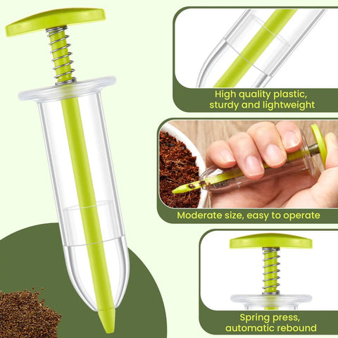 Six Piece Mini Seed Dispenser Kit With Two Transplanting Tools And Seed Planter in fluorescent yellow, spring press design