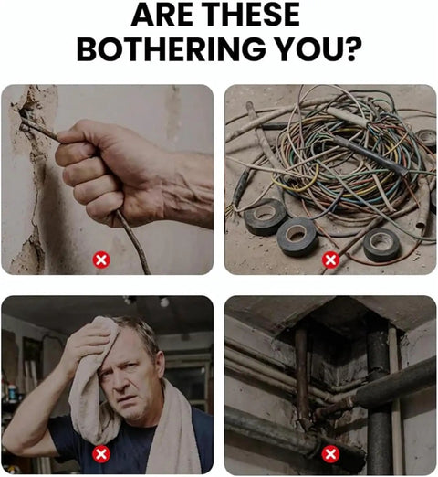 Image depicting frustrations with electrician work, showing tangled wires, damaged walls, and stressed worker using Upgraded Drill Powered Wire Puller For Electricians Automatic Cable Stringing Assistant With Ergonomic Grip Game Changer Heavy Duty Handheld Tool No Sweat Cable Runs Pro Grade.