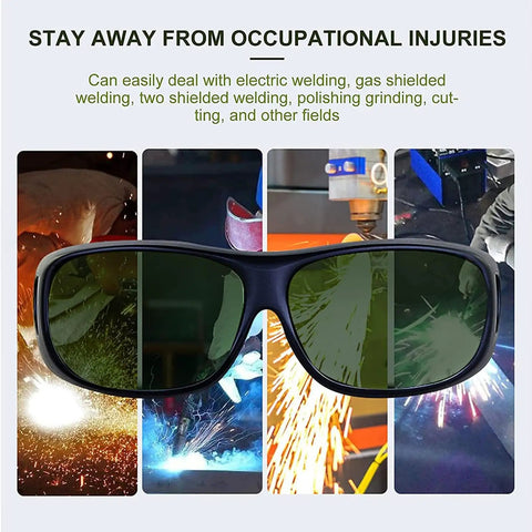 Wrap-Around Welding Glasses Offer Straight-Up UV Shield Blocking 99.9 Percent Rays, showing usage in electric and gas welding tasks.