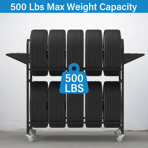 Ultimate Garage Game Changer Heavy Duty Tire Storage Rack displaying four stacked tires, 500 lb capacity for secure organization.