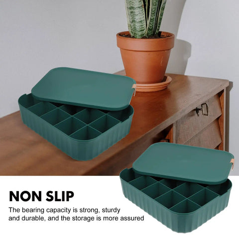 Heavy Duty Underwear Storage Box With Secure Lid Rock Solid Sock And Sleepwear Drawer Organizer in teal, showing open with compartments.